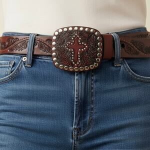 VTG Tooled Leather Belt Western Boho Cross Buckle Studded Brown Sz 34